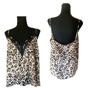 New Animal Print V-Neck Lace Trimmed Camisole Women’s Size XL Brown Black NWT